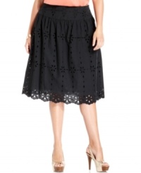 Add feminine flair to your style with Jones New York Signature's eyelet plus size skirt, defined by a flattering A-line shape. Add feminine flair to your style with Jones New York Signature's eyelet plus size skirt, defined by a flattering A-line shape.