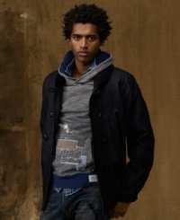 An effortlessly cool and laid-back take on its ultra-polished predecessors, this indigo denim pea coat features soft corduroy accents for just a bit of properness. An effortlessly cool and laid-back take on its ultra-polished predecessors, this indigo denim pea coat features soft corduroy accents for just a bit of properness.