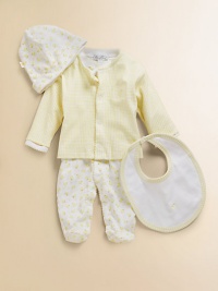 Four-piece gift set includes one gingham snap front jacket with embroidery, allover printed footie with snaps down front, allover printed hat and bib with embroidery and gingham trim. Cotton; machine wash Imported Four-piece gift set includes one gingham snap front jacket with embroidery, allover printed footie with snaps down front, allover printed hat and bib with embroidery and gingham trim. Cotton; machine wash Imported