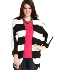 Land a trend-right look with Belle Du Jour's striped plus size cardigan, featuring an open front. Land a trend-right look with Belle Du Jour's striped plus size cardigan, featuring an open front.