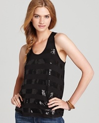 A glamorous racerback C&C California tank, embellished with glimmering sequined stripes for a racy look that's not over the top. A glamorous racerback C&C California tank, embellished with glimmering sequined stripes for a racy look that's not over the top.