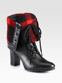 A stacked heel lifts this fold-over leather silhouette, topped with the signature check pattern on soft flannel. Stacked heel, 3½ (90mm)Leather and flannel upperLeather liningRubber solePadded insoleMade in Italy A stacked heel lifts this fold-over leather silhouette, topped with the signature check pattern on soft flannel. Stacked heel, 3½ (90mm)Leather and flannel upperLeather liningRubber solePadded insoleMade in Italy