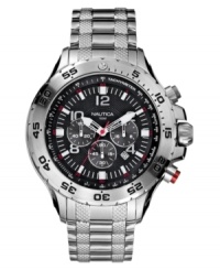 With multi functions and a sleek attitude, this men's watch from Nautica wears everywhere and does everything. Silvertone stainless steel bracelet and round case. Round black dial with three subdials, date window, logo and stick indices. Water resistant to 100 meters. Analog movement. Five-year limited warranty. With multi functions and a sleek attitude, this men's watch from Nautica wears everywhere and does everything. Silvertone stainless steel bracelet and round case. Round black dial with three subdials, date window, logo and stick indices. Water resistant to 100 meters. Analog movement. Five-year limited warranty.