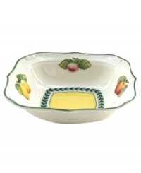 A contemporary shape with a classic pattern, the square individual bowl from Villeroy & Boch's French Garden collection of dinnerware and dishes has a summery fruit pattern with a pale yellow center and green trim. A contemporary shape with a classic pattern, the square individual bowl from Villeroy & Boch's French Garden collection of dinnerware and dishes has a summery fruit pattern with a pale yellow center and green trim.