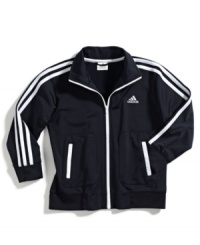 Get on track. He can keep his wardrobe on a steady roll with this track jacket from adidas, a sleek, sporty style. Get on track. He can keep his wardrobe on a steady roll with this track jacket from adidas, a sleek, sporty style.