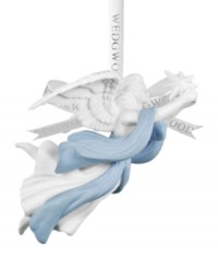Neo-classical motifs have inspired Wedgwood since the late 18th century. The tradition continues to 2008 with the beautiful blue and white holiday ornament collection. Finely crafted jasper china with a bisque finish distinguishes this soaring angel ornament, seen here clutching a shooting star. Neo-classical motifs have inspired Wedgwood since the late 18th century. The tradition continues to 2008 with the beautiful blue and white holiday ornament collection. Finely crafted jasper china with a bisque finish distinguishes this soaring angel ornament, seen here clutching a shooting star.