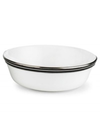 In the hands of kate spade, black and white is anything but basic. Dancing ebony stitched stripes provide a stunning contrast to the pristine china of the Union Street all-purpose bowl (shown left). In the hands of kate spade, black and white is anything but basic. Dancing ebony stitched stripes provide a stunning contrast to the pristine china of the Union Street all-purpose bowl (shown left).