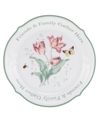 Let your creativity shine through with Butterfly Meadow mix-and-match dinnerware. A beautiful accent to the collection and thoughtful hostess or housewarming gift, this sweet dessert platter features a delightful garden scene and the message: Friends & Family Gather Here. Let your creativity shine through with Butterfly Meadow mix-and-match dinnerware. A beautiful accent to the collection and thoughtful hostess or housewarming gift, this sweet dessert platter features a delightful garden scene and the message: Friends & Family Gather Here.