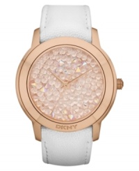 A fresh watch design from DKNY with eye-catching rosy-hued stones at the dial. A fresh watch design from DKNY with eye-catching rosy-hued stones at the dial.