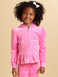 The velour hood that started a fashion revolution is back with a ruffled hem for a frilly update.Attached hoodLong sleevesFull zip frontFront pocketsRuffled hemCotton/PolyesterMachine washMade in USA The velour hood that started a fashion revolution is back with a ruffled hem for a frilly update.Attached hoodLong sleevesFull zip frontFront pocketsRuffled hemCotton/PolyesterMachine washMade in USA