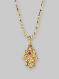 The hamsa, or open hand, a graceful symbol of protection in many cultures, becomes a shimmering necklace, set with diamonds and a single ruby, suspended from a 14k gold ball chain. Diamonds, 0.05 tcw Ruby, 0.02 ct 14k yellow gold Chain length, about 16 Pendant, about ½L x ¼W Lobster clasp Imported The hamsa, or open hand, a graceful symbol of protection in many cultures, becomes a shimmering necklace, set with diamonds and a single ruby, suspended from a 14k gold ball chain. Diamonds, 0.05 tcw Ruby, 0.02 ct 14k yellow gold Chain length, about 16 Pendant, about ½L x ¼W Lobster clasp Imported