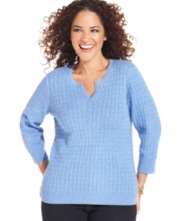 Warm up this season in Karen Scott's three-quarter-sleeve plus size sweater, finished by a henley neckline. Warm up this season in Karen Scott's three-quarter-sleeve plus size sweater, finished by a henley neckline.