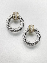From the Metro Collection. An elegant piece with pavé diamonds on an iconic cable hoop accented with radiant 18k gold. Sterling silverDiamonds, .26 tcw18k goldLength, about 1.01Post backImported From the Metro Collection. An elegant piece with pavé diamonds on an iconic cable hoop accented with radiant 18k gold. Sterling silverDiamonds, .26 tcw18k goldLength, about 1.01Post backImported