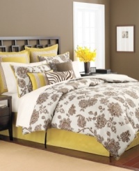 A bed of roses. Martha Stewart Collection offers a beautiful look for the bedroom with this Rose Charmont comforter set, featuring a bold floral and leaf design in a brown and white colorway. The European shams, bedskirt and decorative pillows bring complementary designs and bright bursts of color to the set. A bed of roses. Martha Stewart Collection offers a beautiful look for the bedroom with this Rose Charmont comforter set, featuring a bold floral and leaf design in a brown and white colorway. The European shams, bedskirt and decorative pillows bring complementary designs and bright bursts of color to the set.