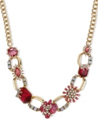 Alluring gems from Betsey Johnson. With a gold tone linked chain, this frontal necklace flaunts fuchsia-colored crystals, glass pearls and square crystal accents. Crafted in antiqued gold tone mixed metal. Approximate length: 16 inches + 3-inch extender. Approximate drop: 1-1/10 inches. Alluring gems from Betsey Johnson. With a gold tone linked chain, this frontal necklace flaunts fuchsia-colored crystals, glass pearls and square crystal accents. Crafted in antiqued gold tone mixed metal. Approximate length: 16 inches + 3-inch extender. Approximate drop: 1-1/10 inches.