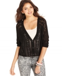 Cardi love: Say What? fuses open-knit detail with cable-knit design on the perfect layer to your tees and jeans. Cardi love: Say What? fuses open-knit detail with cable-knit design on the perfect layer to your tees and jeans.