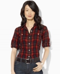 Rendered in soft cotton flannel, Lauren Jeans Co.'s classic shirt is finished with a heritage plaid pattern and optional rolled cuffs for versatile style. Rendered in soft cotton flannel, Lauren Jeans Co.'s classic shirt is finished with a heritage plaid pattern and optional rolled cuffs for versatile style.