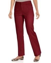 Classic styling highlights JM Collection's straight leg petite pants-- they're wear-to-work essentials. Classic styling highlights JM Collection's straight leg petite pants-- they're wear-to-work essentials.