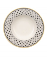 With a black-and-white trellis pattern and pale yellow band in premium porcelain, this Audun rim soup bowl coordinates beautifully with the entire Audun country dinnerware collection from Villeroy & Boch. With a black-and-white trellis pattern and pale yellow band in premium porcelain, this Audun rim soup bowl coordinates beautifully with the entire Audun country dinnerware collection from Villeroy & Boch.