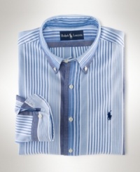 Cut for a comfortable, classic fit from crisp cotton poplin, a handsome sport shirt channels modern refinement in an elegant multi-striped pattern. Cut for a comfortable, classic fit from crisp cotton poplin, a handsome sport shirt channels modern refinement in an elegant multi-striped pattern.