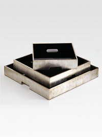 A glam, Eastern-inspired accent, handmade by local artisans in Vietman and coated with seven layers of luxe lacquer and antique silver foil.Small: 3H x 14 squareMedium: 3H x 22 squareLarge: 3H x 28 squareLacquered MDFImported A glam, Eastern-inspired accent, handmade by local artisans in Vietman and coated with seven layers of luxe lacquer and antique silver foil.Small: 3H x 14 squareMedium: 3H x 22 squareLarge: 3H x 28 squareLacquered MDFImported
