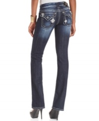 Rhinestone and embroidered embellishments at the back pockets add eye-catching appeal to these Miss Me bootcut jeans -- perfect for daytime glam! Rhinestone and embroidered embellishments at the back pockets add eye-catching appeal to these Miss Me bootcut jeans -- perfect for daytime glam!