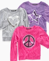Shiny and lacey and everything else she loves: Planet Gold long-sleeved T-shirt featuring colored lace and a sequinned appliqué. Shiny and lacey and everything else she loves: Planet Gold long-sleeved T-shirt featuring colored lace and a sequinned appliqué.