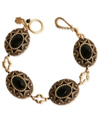 Ornate elegance can be found in this link bracelet from Lucky Brand. Crafted from carefully etched gold-tone mixed metal, semi-precious onyx and glass accents add glamour. Approximate length: 7-3/4 inches. Ornate elegance can be found in this link bracelet from Lucky Brand. Crafted from carefully etched gold-tone mixed metal, semi-precious onyx and glass accents add glamour. Approximate length: 7-3/4 inches.