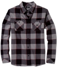 Square off in your wardrobe. This buffalo plaid shirt from DC Shoes is a rugged casual look you can get behind. Square off in your wardrobe. This buffalo plaid shirt from DC Shoes is a rugged casual look you can get behind.