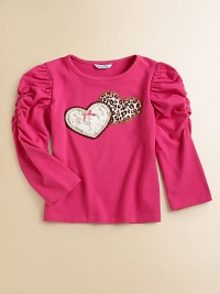 A meeting of hearts, one of bold animal spots, one of pretty lace, adorning the front of a bright knit top with chic ruching at the shoulders.Round band necklineLong sleeves with ruched shouldersFront appliquésCotton/spandexMachine washImported A meeting of hearts, one of bold animal spots, one of pretty lace, adorning the front of a bright knit top with chic ruching at the shoulders.Round band necklineLong sleeves with ruched shouldersFront appliquésCotton/spandexMachine washImported