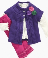 This versatile and cute 3 piece by Guess? includes a flower applique cardigan, long sleeve tee, and trendy pant set. This versatile and cute 3 piece by Guess? includes a flower applique cardigan, long sleeve tee, and trendy pant set.