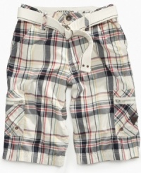 Care-free classics. He can jump into these plaid shorts from Guess and give himself a stylish start to the day.