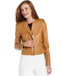 Ellen Tracy's faux-leather jacket features a sleek silhouette with quilted details. Pair it with anything from separates to dresses! Ellen Tracy's faux-leather jacket features a sleek silhouette with quilted details. Pair it with anything from separates to dresses!