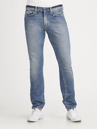 A wardrobe essential with a classic, straight-leg fit and distressing at the points of wear for the look of a timeworn favorite. Five-pocket style Zip fly Back canvas patch Organic cotton; machine wash Imported A wardrobe essential with a classic, straight-leg fit and distressing at the points of wear for the look of a timeworn favorite. Five-pocket style Zip fly Back canvas patch Organic cotton; machine wash Imported