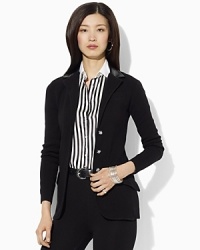 Equestrian-inspired details lend heritage appeal to a soft knit cotton blazer from Lauren Ralph Lauren. Equestrian-inspired details lend heritage appeal to a soft knit cotton blazer from Lauren Ralph Lauren.