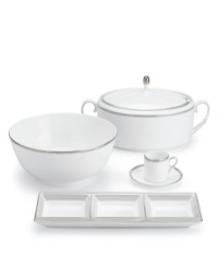 Like the grosgrain ribbons that dangle from her famous dresses, this white bone china collection of dinnerware and dishes from Vera Wang features two different platinum grosgrain borders. The wide corded border of textured grosgrain evokes soft elegance while the narrow wisp of platinum edging adds chic style. Espresso cup shown right. Like the grosgrain ribbons that dangle from her famous dresses, this white bone china collection of dinnerware and dishes from Vera Wang features two different platinum grosgrain borders. The wide corded border of textured grosgrain evokes soft elegance while the narrow wisp of platinum edging adds chic style. Espresso cup shown right.