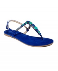 Bejeweled beauty. INC Internationals Concepts Gali flat sandals are studded with beautiful blue jewels down the luxurious suede strappy vamp. Bejeweled beauty. INC Internationals Concepts Gali flat sandals are studded with beautiful blue jewels down the luxurious suede strappy vamp.