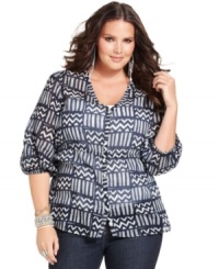 A perfect partner for your causal bottoms: Lucky Brand Jeans' three-quarter sleeve plus size top, featuring a vivid print. A perfect partner for your causal bottoms: Lucky Brand Jeans' three-quarter sleeve plus size top, featuring a vivid print.