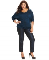 Go out in style with Seven7 Jeans' three-quarter-sleeve plus size top, featuring sequin detail. Go out in style with Seven7 Jeans' three-quarter-sleeve plus size top, featuring sequin detail.