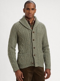 Imbued with heritage appeal, a classic cable-knit cardigan is crafted from a warm wool-cashmere blend with a refined shawl collar.Button-frontShawl collarWaist patch pocketsRibbed knit cuffs and hem88% lambswool/22% woolDry cleanImported