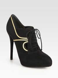 Sleek cutouts and bands of metallic leather top this suede design with a hidden platform and sky-high heel. Self-covered heel, 5¼ (130mm)Hidden platform, 1¼ (30mm)Compares to a 4 heel (100mm)Suede and metallic leather upperLeather liningRubber trek solePadded insoleMade in Italy Sleek cutouts and bands of metallic leather top this suede design with a hidden platform and sky-high heel. Self-covered heel, 5¼ (130mm)Hidden platform, 1¼ (30mm)Compares to a 4 heel (100mm)Suede and metallic leather upperLeather liningRubber trek solePadded insoleMade in Italy