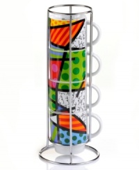 Pattern maker. Four mugs bearing the unmistakable pop art of Romero Britto make a fabulous and functional addition to modern kitchens. Stack to create one cohesive design in the accompanying metal caddy. Pattern maker. Four mugs bearing the unmistakable pop art of Romero Britto make a fabulous and functional addition to modern kitchens. Stack to create one cohesive design in the accompanying metal caddy.