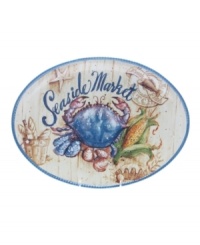 Fresh catch. See your food in a nautical setting with the vivid illustration and wooden pier motif of this Seafood Market oval platter. Sculpted blue rope adds to its oceanside charm. From Certified International's collection of serveware and serving dishes. Fresh catch. See your food in a nautical setting with the vivid illustration and wooden pier motif of this Seafood Market oval platter. Sculpted blue rope adds to its oceanside charm. From Certified International's collection of serveware and serving dishes.