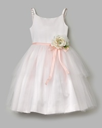 The perfect party dress for your little girl with cascading layers of tulle. Waist is accented with thin ribbon sash and oversized flower detail. Subtle scoop neckline, spaghetti straps and full skirt. Finished with five faux buttons and a concealed zip at the back. The perfect party dress for your little girl with cascading layers of tulle. Waist is accented with thin ribbon sash and oversized flower detail. Subtle scoop neckline, spaghetti straps and full skirt. Finished with five faux buttons and a concealed zip at the back.