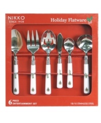 Nothing says cheer like the Happy Holidays entertaining set. Nikko sets a very merry scene with flatware handles featuring the festively decked trees and colorful stars of the Christmas dinnerware pattern. Nothing says cheer like the Happy Holidays entertaining set. Nikko sets a very merry scene with flatware handles featuring the festively decked trees and colorful stars of the Christmas dinnerware pattern.