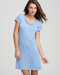 The ruffle trim on the neck and sleeves makes this simple satin sleepshirt simply chic. The ruffle trim on the neck and sleeves makes this simple satin sleepshirt simply chic.