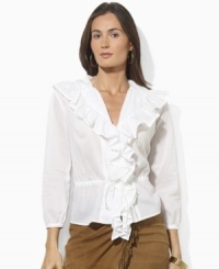 Delicate gathering and a breezy woven cotton construction lend feminine inspiration to this soft petite blouse by Lauren by Ralph Lauren. Delicate gathering and a breezy woven cotton construction lend feminine inspiration to this soft petite blouse by Lauren by Ralph Lauren.