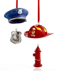Tip your hat. A hydrant dangles from a fireman's helmet and a badge pairs with a police hat in ornaments that celebrate everyday heroes. Tip your hat. A hydrant dangles from a fireman's helmet and a badge pairs with a police hat in ornaments that celebrate everyday heroes.