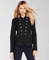 Military-inspired styling gives INC's elegant jacket an appealing edge. Metallic embellishments and tooled buttons add to the luxe feel. Military-inspired styling gives INC's elegant jacket an appealing edge. Metallic embellishments and tooled buttons add to the luxe feel.