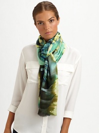 A brilliant, abstract floral print adds style and intrigue to a luxe cashmere and silk wrap. 55% cashmere/45% silkAbout 28 X 80Dry cleanImported A brilliant, abstract floral print adds style and intrigue to a luxe cashmere and silk wrap. 55% cashmere/45% silkAbout 28 X 80Dry cleanImported